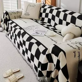 Чехол на диван, нескользящий чехол, тканевое полотенце, пылезащитный универсальный чехол, ленивое одеяло в клетку из синели с нежной изысканной текстурой 180x130cm1pcs