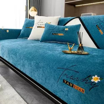 Чехол на подушку дивана из синели: Простая современная, нескользящая, универсальная вышивка на все времена года. 70x70 cm озеро синий