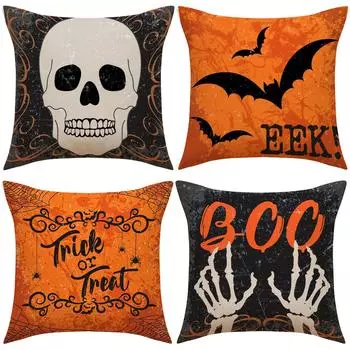 Чехол на подушку на Хэллоуин Праздничная атмосфера Декоративная подушка для сиденья Льняная набивная подушка 45*45cm*4 (pillowcase)