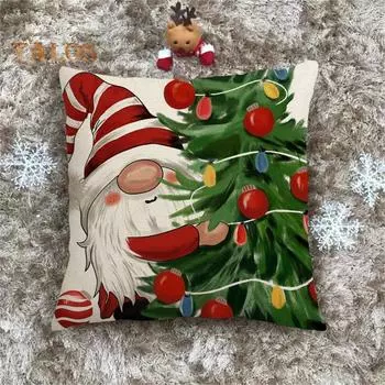 Чехол на подушку с рисунком рождественской елки, гнома и колокольчика, яркий цвет, мягкая удобная наволочка