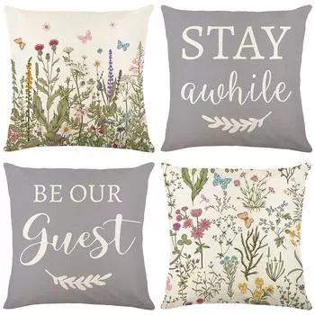 Чехол на подушку с весенним цветком, льняной набивной чехол на диванную подушку с буквенным принтом, чехол для домашней подушки 45*45cm JYM412-1