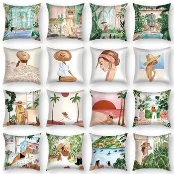 Чехол на подушку с зеленым растением и видом на море, подушка для дивана, популярный домашний автомобильный тканевый чехол для подушки 40X40CM