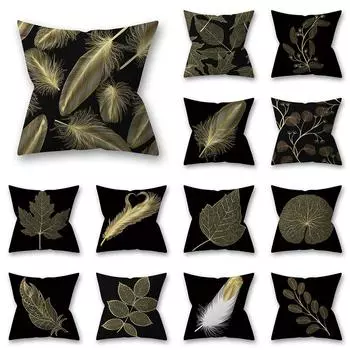 Чехол на подушку с золотым пером и черным растением для дома, гостиной, дивана, спальни, квадратная наволочка 40X40CM