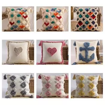 Чехол на подушку в марокканском стиле, бежевая наволочка в стиле бохо с кисточками, домашний декор, плетеная наволочка ручной работы для дивана, гостиной 45x45cm