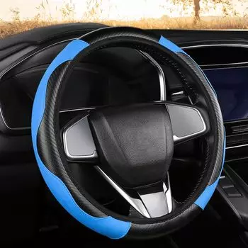 Чехол на руль автомобиля кожаный эластичный без внутреннего кольца универсальный размер M 37-38 см / 14,5-15 дюймов противоскользящий (синий)