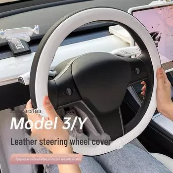 Чехол на руль из дышащей кожи для Tesla Model 3/Y. Универсальный, подходит для всех сезонов. Уникальный дизайн. D-type чёрный/белый