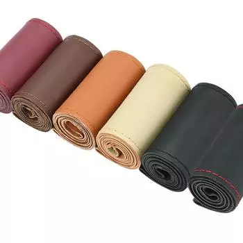 Чехол на руль из натуральной кожи с глянцевым верхним слоем 38 см с иголками и нитками для самостоятельного ручного шитья серый