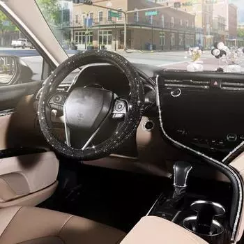 Чехол на руль, универсальный противоскользящий плюшевый автомобильный чехол со стразами, защита рулевого колеса чёрный
