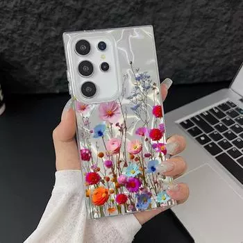 Чехол-накладка из мягкого блестящего полиуретана с цветочным принтом для Samsung S25 Ultra S24 FE S23 A36 A56 A16 A55, тонкий, ударопрочный, жесткий чехол для телефона из ПК с перьями Samsung S25 Ultra красный