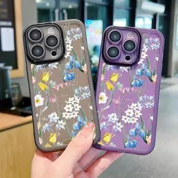 Чехол Narcissus Pattern с защитой от линз для iPhone 16 Pro 15 14 Plus 13 12 Pro Max 11, тонкий, ударопрочный, силиконовый, мягкий, прозрачный iPhone 16 чёрный