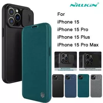 Чехол NILLKIN для iPhone 15 Pro Max, кожаный чехол Qin Pro, обычная кожа + ткань, кожаный флип, слот для карт, задняя крышка для iPhone15 Plus iPhone 15 синий
