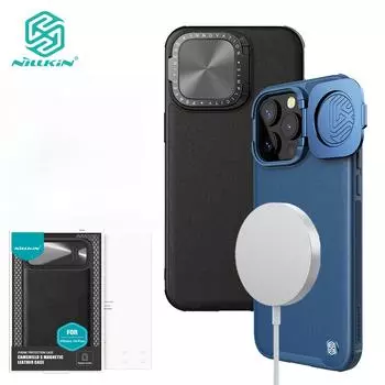 Чехол Nillkin для iPhone 15 Pro Max, роскошный кожаный магнитный чехол CamShield, противоударная задняя крышка из сплава с креплением для камеры For iPhone 15 pro max чёрный