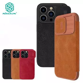 Чехол Nillkin Luxury Flip QIN Pro Leather для iPhone 15 Pro Max, противоударный защитный чехол для слайдера камеры с держателем для карт For iPhone 15 pro max чёрный