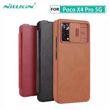Чехол Nillkin Qin Pro для Xiaomi Poco X4 Pro 5G, защитный чехол для камеры, откидная крышка из искусственной кожи с карманом для карт Poco X4 Pro 5G чёрный