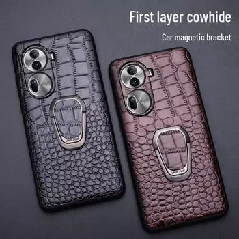 Чехол OPPO Reno11 из натуральной кожи с узором под крокодила и кронштейном Reno8 Pro зелёный