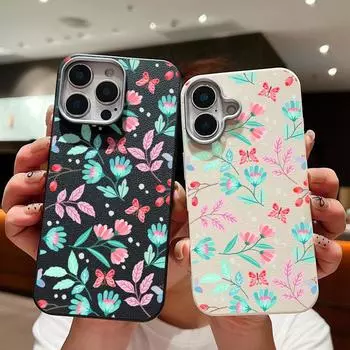 Чехол Phoen с текстурой кожи и зеленым цветочным узором для iPhone 16, 15, Pro, 14, Plus, 13, 12, 11, Pro Max, Xs, Xr, 8, 7 Plus, противоударный, мягкий, из ТПУ, тонкий чехол iPhone 16 чёрный