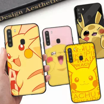 Чехол PK11 Lovely Pikachu Black Sofe для iPhone 16 15 Plus 14 13 Pro 8 SE XR XS Max P30 Nova 5T Y5P Y6 Y7 Y8P Y9 Realme C30 C33 C31 VIVO Y36 V27 VIVO V23E 5G коричневато-жёлтый