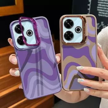 Чехол-подставка для объектива камеры для Xiaomi Poco X6 X5 F6 M6 Redmi Note 13 12 11 10 Pro Фиолетовая волнистая полоса противоударный мягкий ТПУ однотонный чехол Redmi Note 13 4G чёрный