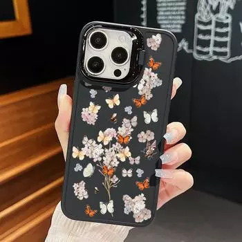 Чехол-подставка для объектива с винтажным цветочным узором в виде бабочки для iPhone 16 Pro Max 15 Pro 14 13 12 11, мягкий силиконовый противоударный матовый защитный чехол для телефона из ТПУ iPhone 16 чёрный