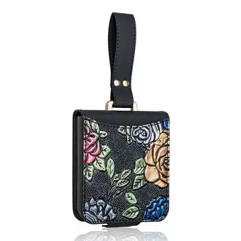 Чехол-подставка для Samsung Galaxy Z Flip7 5G, кожаный+ПК чехол для телефона с цветочным узором и задней пленкой Black