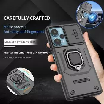 Чехол-подставка для защитного стекла Slide Lens для Xiaomi Poco F5 Pro Armor, противоударный чехол для Poko Little F5 PocoF5 F 5 Pro F5Pro, чехол-держатель для кольца For Poco F5 Pro чёрный