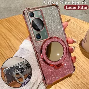 Чехол-подставка для зеркала для макияжа с градиентным блеском для Huawei P30 P40 P50 P60 Pro Pura 70 Pro Mate 30 40 50 60 Pro Nove 7 8 9 10 11 12 Pro Honor 100 200 Pro Huawei P30 чёрный