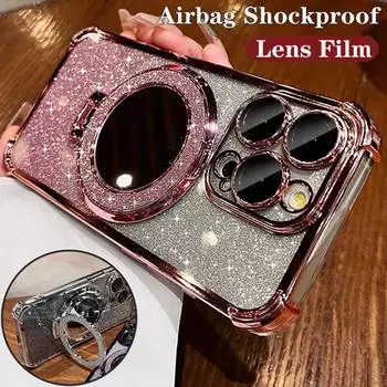 Чехол-подставка для зеркала для макияжа с градиентным блеском для iPhone 15 14 13 12 11 Pro Max 15 14 Plus Samsung S24 S23 S22 S21 Ultra Plus S23 FE A15 A55 A14 A34 A54 iPhone 7/8/SE 2020 чёрный