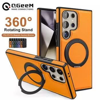 Чехол-подставка из кожи Business с вращающимся кронштейном для Samsung S22 S23 S24 S25 Plus Ultra S24 FE с магнитным кольцом и держателем Samsung S22 чёрный