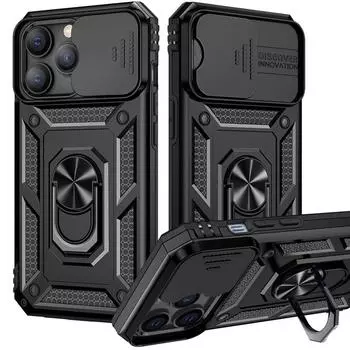 Чехол-подставка Military Grade Armor для iPhone 16 15 14 13 12 11 Pro Max Plus 15Pro i15 Магнитный автомобильный держатель с выдвижной крышкой камеры For iPhone 15 чёрный