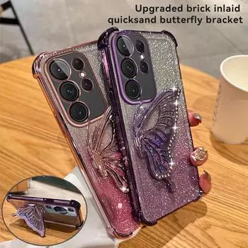 Чехол-подставка с градиентным блеском и бабочкой для Samsung S24 S23 S22 S21 Ultra Plus S23FE A52 A15 A55 A14 A34 A54 iPhone 15 14 13 12 11 Pro Max 15 14 Plus iPhone 7/8/SE 2020 чёрный