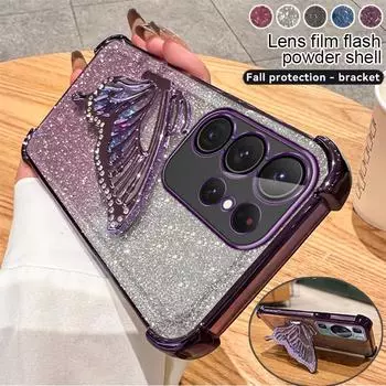 Чехол-подставка с градиентным блеском и бабочкой для Samsung S23FE S24 S23 S22 S21 Ultra Plus A52 A15 A55 A14 A34 A54 iPhone 15 14 13 12 11 Pro Max 15 14 Plus iPhone 7/8/SE 2020 чёрный
