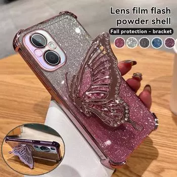 Чехол-подставка с градиентным блеском и бабочкой для OPPO A96 A97 A35 A93 A55 A56 A57 A17 A9 A5 A57 A58 A72 Realme C53 C35 C33 C31 Reno 6 7 8 9 10 11 12 Pro OPPO A15=A35 2021=A15S чёрный