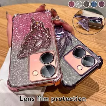 Чехол-подставка с градиентным блеском и бабочкой для VIVO Y16 Y17 Y18 Y77 Y78 Y77E Y35 Y20 Y21S Y52S Y76S Y200i Y200 X70 X80 X90 X100 Pro S15 S17 S18 S19 Pro Vivo Y52S чёрный