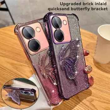 Чехол-подставка с градиентным блеском и бабочкой для VIVO Y77 Y78 Y77E Y16 Y17 Y18 Y35 Y20 Y21S Y52S Y76S Y200i Y200 X70 X80 X90 X100 Pro S15 S17 S18 S19 Pro Vivo Y52S чёрный