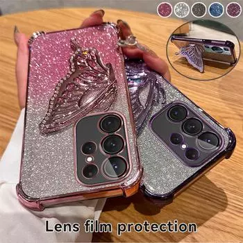 Чехол-подставка с градиентным блеском и бабочкой для Samsung S24 S23 S22 S21 Ultra Plus S23FE A52 A14 A34 A54 A15 A55 iPhone 15 14 13 12 11 Pro Max 15 14 Plus iPhone 7/8/SE 2020 чёрный
