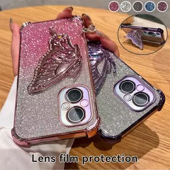 Чехол-подставка с градиентным блеском и бабочкой для OPPO A93 A96 A97 A57 A58 A72 A35 A55 A56 A57 A17 A9 A5 Realme C53 C35 C33 C31 Reno 6 7 8 9 10 11 12 Pro OPPO A15=A35 2021=A15S чёрный