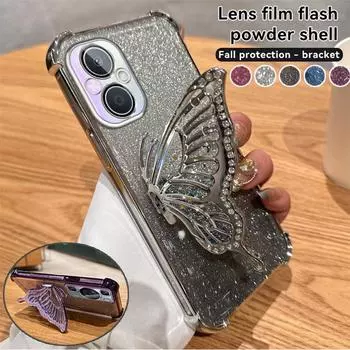 Чехол-подставка с градиентным блеском и бабочкой для OPPO A97 A35 A93 A96 A55 A56 A57 A17 A9 A5 A57 A58 A72 Realme C53 C35 C33 C31 Reno 6 7 8 9 10 11 12 Pro OPPO A15=A35 2021=A15S чёрный