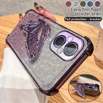 Чехол-подставка с градиентным блеском и бабочкой для OPPO A55 A56 A35 A93 A96 A97 A57 A17 A9 A5 A57 A58 A72 Realme C53 C35 C33 C31 Reno 6 7 8 9 10 11 12 Pro OPPO A15=A35 2021=A15S чёрный