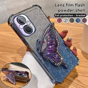 Чехол-подставка с градиентным блеском и бабочкой для OPPO A17 A93 A96 A97 A35 A55 A56 A57 A9 A5 A57 A58 A72 Realme C53 C35 C33 C31 Reno 6 7 8 9 10 11 12 Pro OPPO A15=A35 2021=A15S чёрный