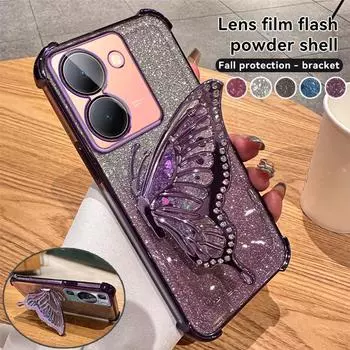 Чехол-подставка с градиентным блеском и бабочкой для VIVO Y17 Y77 Y78 Y77E Y16 Y18 Y35 Y20 Y21S Y52S Y76S Y200i Y200 X70 X80 X90 X100 Pro S15 S17 S18 S19 Pro Vivo Y52S чёрный