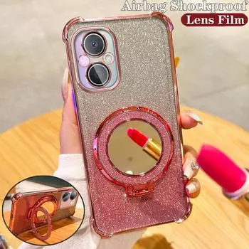 Чехол-подставка с градиентным блестящим зеркалом для макияжа для OPPO A35 A93 A96 A97 A55 A56 A57 A17 A9 A5 A57 A58 A72 Realme C53 C35 C33 C31 Reno 6 7 8 9 10 11 12 Pro OPPO A15=A35 2021=A15S чёрный