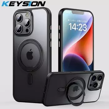 Чехол-подставка с магнитным кольцом KEYSION, вращающийся на 360 °, для MagSafe для iPhone 16 Pro Max, прозрачная матовая противоударная задняя крышка для телефона for iPhone 16 Pro серый