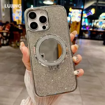 Чехол-подставка с магнитным зеркалом и блестками из горного хрусталя для iPhone 16 Pro Max 15 14Plus 13 12 11 для Magsafe Diamond Cover For iPhone 16&Case & Holder серебряный