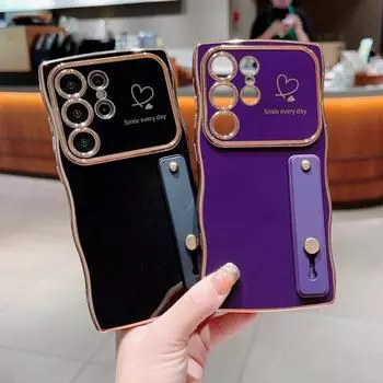 Чехол-подставка с волнообразной рамкой и принтом сердец любви для Samsung S24 FE S23 Ultra S22 A16 A55 A54 A15 A35 A34 из мягкого ударопрочного силикона TPU Samsung S25 чёрный