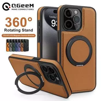 Чехол-подставка с вращающимся кольцом из кожи для iPhone 16, 15, 14, 13, 12, 11 Pro Max Plus Magsafe iPhone 11 чёрный