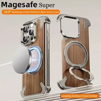Чехол-подставка с вращающимся кольцом на 360 ° для iPhone 16, 15, 14 Pro Max Magsafe, магнитная подставка, металлический защитный чехол из орехового дерева без рамки For iPhone 16 Pro Max