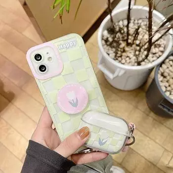 Чехол-подставка/шнурок для iPhone 13/14 и Apple 15 Pro Max в зеленую клетку iPhone 14