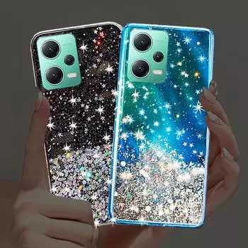Чехол ярких цветов с блестками и звездами для Xiaomi Redmi Note 12 Pro 12S 12C 11A Poco X5 Pro 5G 4G, мягкий силиконовый прозрачный чехол For Xiaomi Poco X5 Pro 5G чёрный