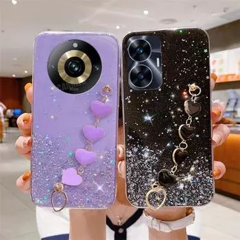 Чехол Realme11pro Love Heart Wrist Chain с блестками для Oppo Realme 11 Pro Plus 11pro 8 9 9pro 11pro C55 C53, силиконовый чехол-браслет realme 11 pro plus