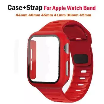 Чехол + ремешок для Apple Watch Band 44 мм, 40 мм, 45 мм, 41 мм, 38 мм, 42 мм, силиконовый спортивный браслет для умных часов iWatch 3, 4, 5, 6 SE 7, 8, 9